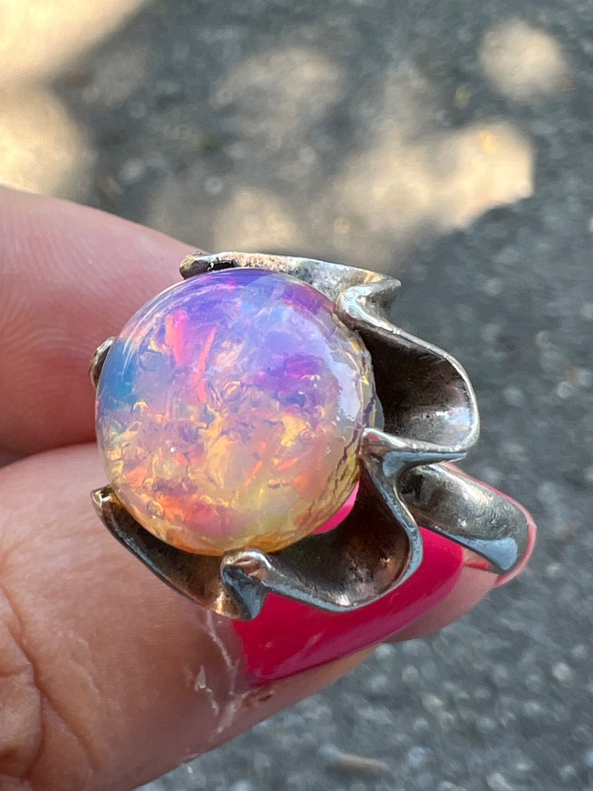 VINTAGE LARGE ROUND CABOCHON FAUX RAINBOW OPAL RING 925 STERLING SLVER MEXICO