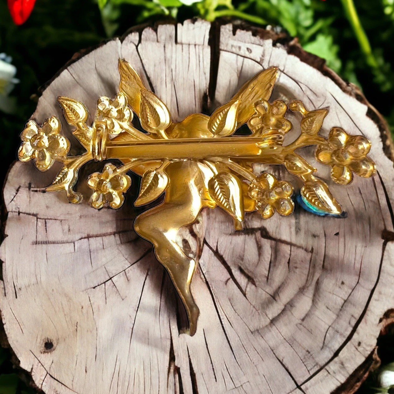 Fairy Brooch Gold Tone Pixie Pin Sparkling Flowers Vintage Whimsical