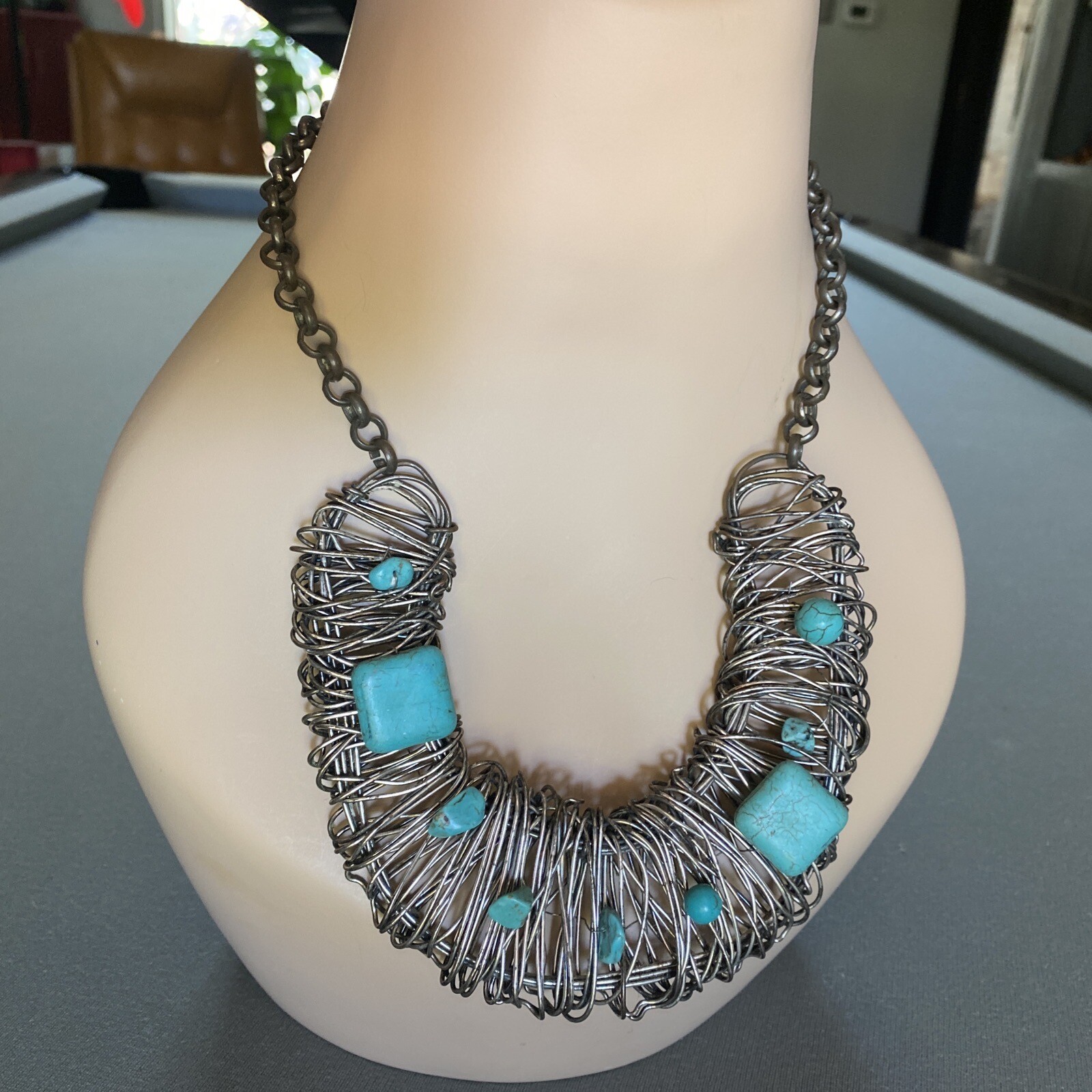 Stone Beads Wire Choker Necklace OOAK Brutalist LARP Cosplay Costume Jewelry 25”
