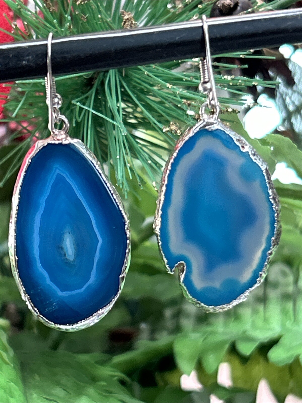 Vintage Silver Tone Blue Geode Slice Dangle Drop Pierced Earrings Large 2.25”