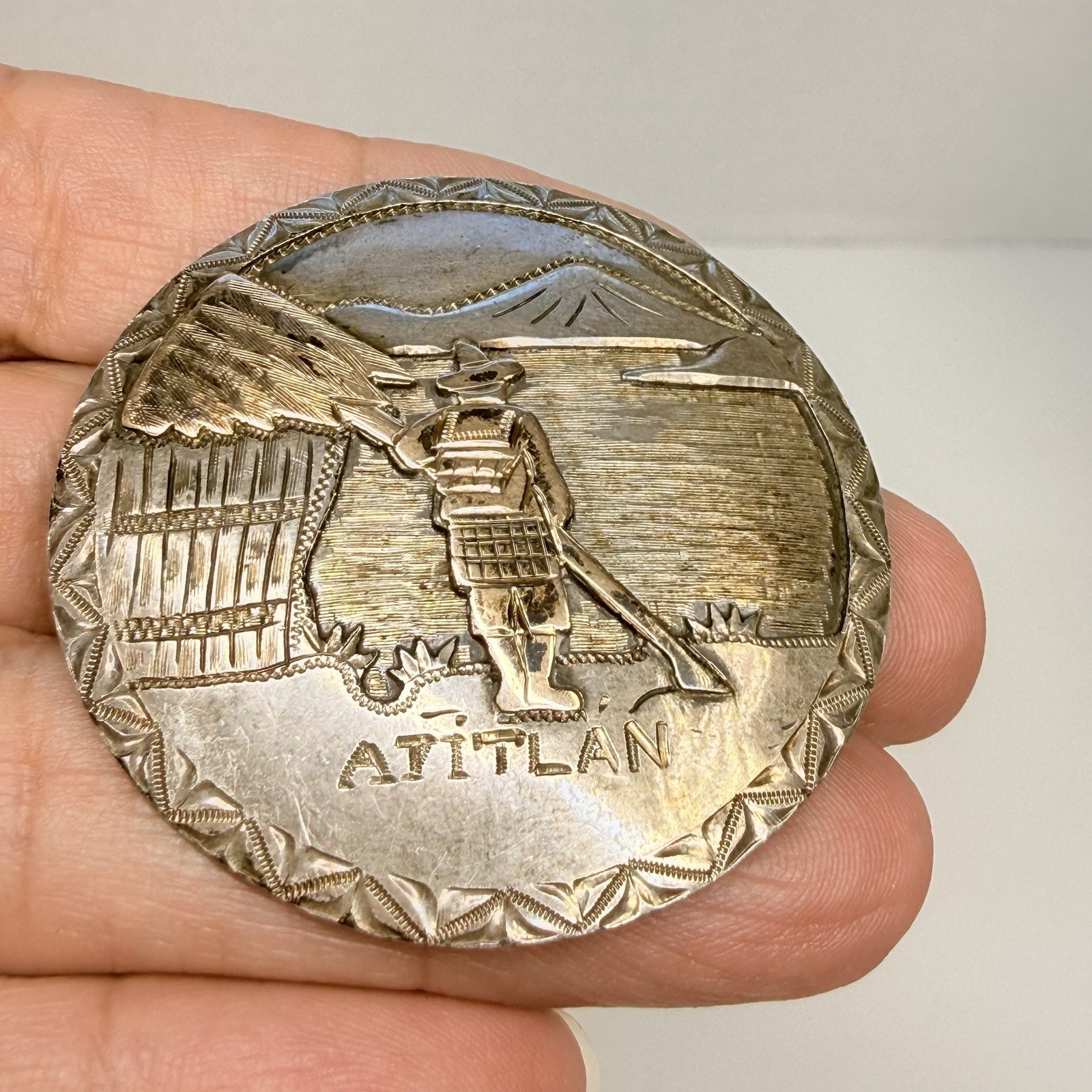 Vintage Guatemala Mixed Metal Round Brooch Stamped Atitlan Guatemala 900