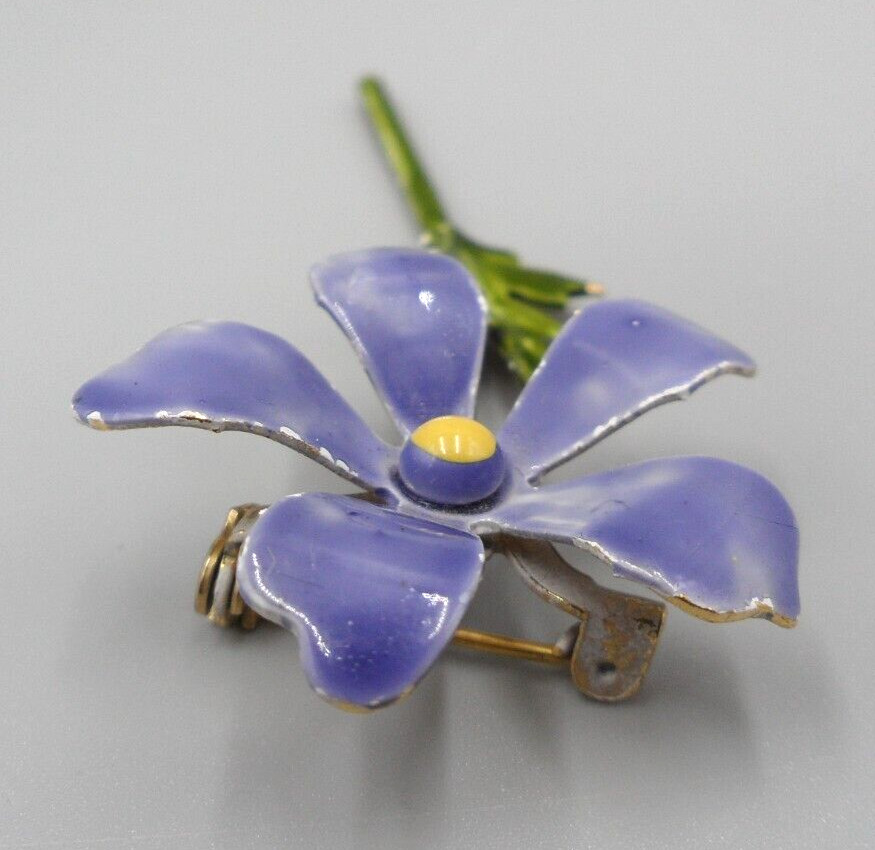 Vintage Flower Stem Brooch Periwinkle Vinca Blue Violet Purple Dimensional 3″