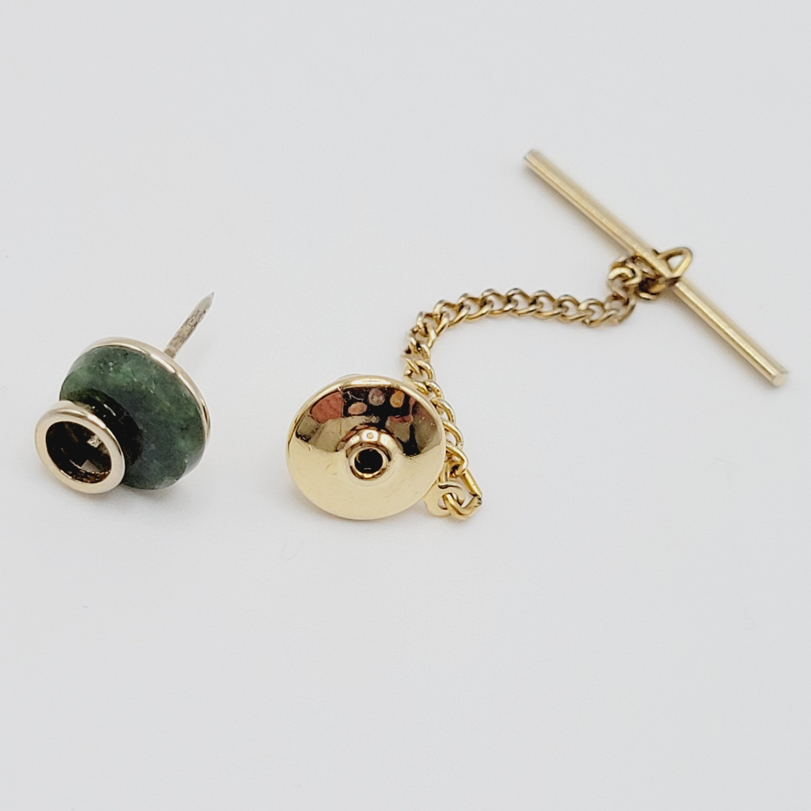 Modernist Style Dark Green Jadeite Stone Disc Open Circle Gold Tone Tie Tack Pin