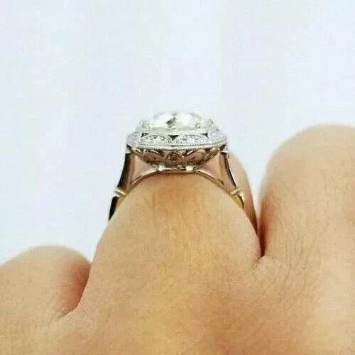 Vintage Art Deco 3.8Ct Old European Cut Lab Created Diamond 14K Gold Finish Ring