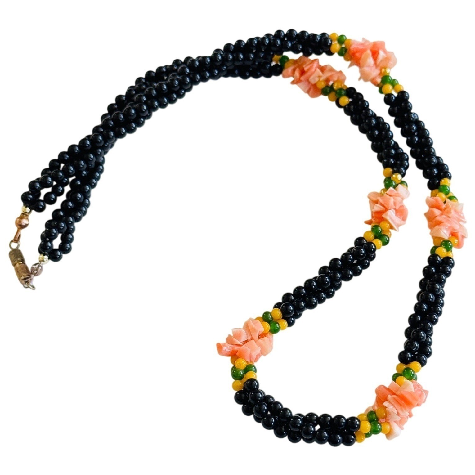VTG Torsade Necklace Coral Onyx Jade Genuine Natural braided Beads Retro 70s 22″