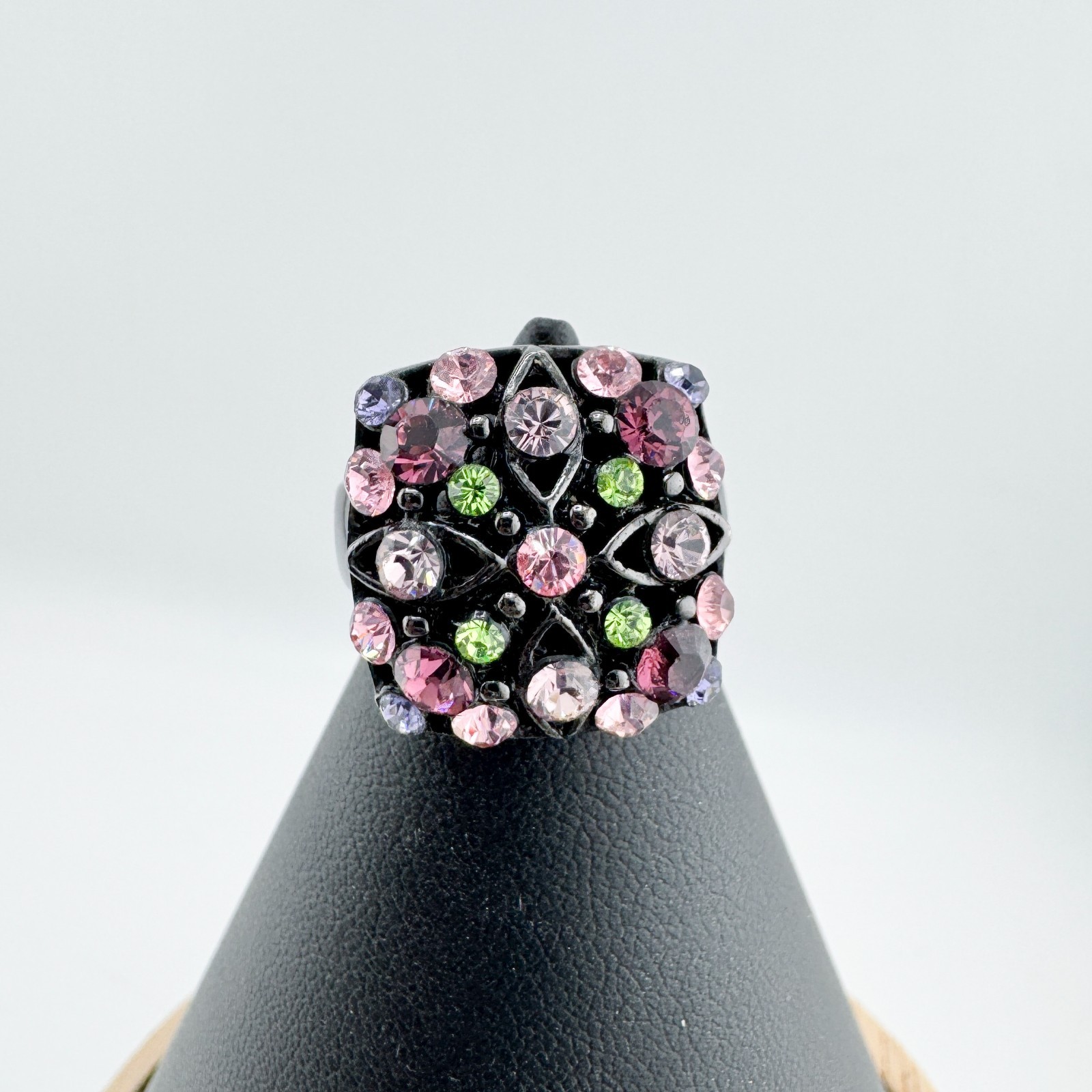 Vintage Black Gunmetal Rhinestone Ring Pink Green Purple Floral Cocktail Retro