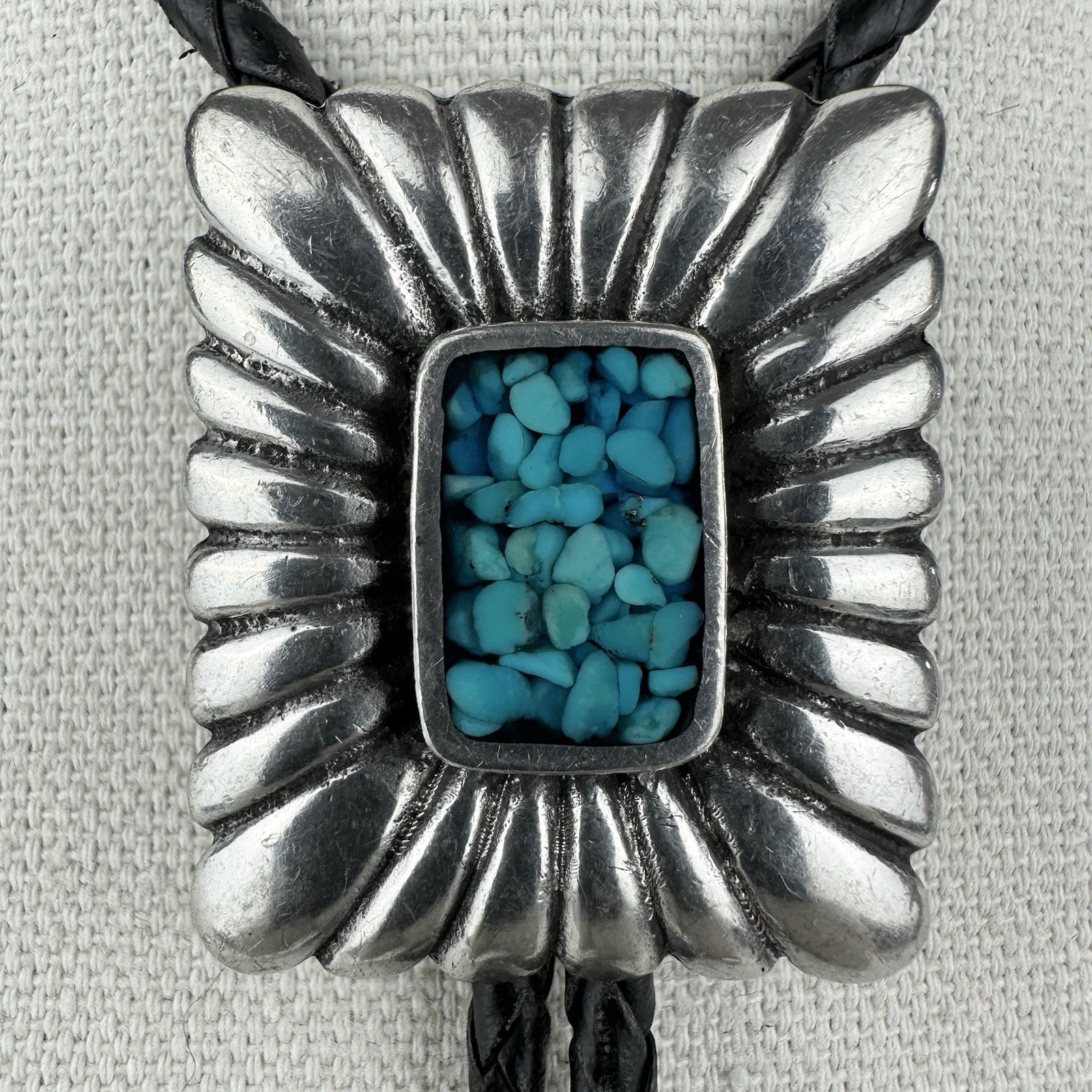 Vintage Silver Pewter Turquoise Chip Inlay Western Bolo Tie Nickel Silver Tips