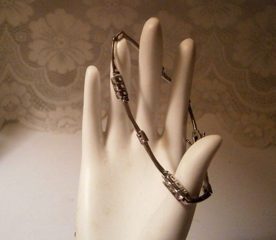 Vintage 925 Sterling Bar Link Crystal Stations Dainty Minimalist Bracelet 7.5″