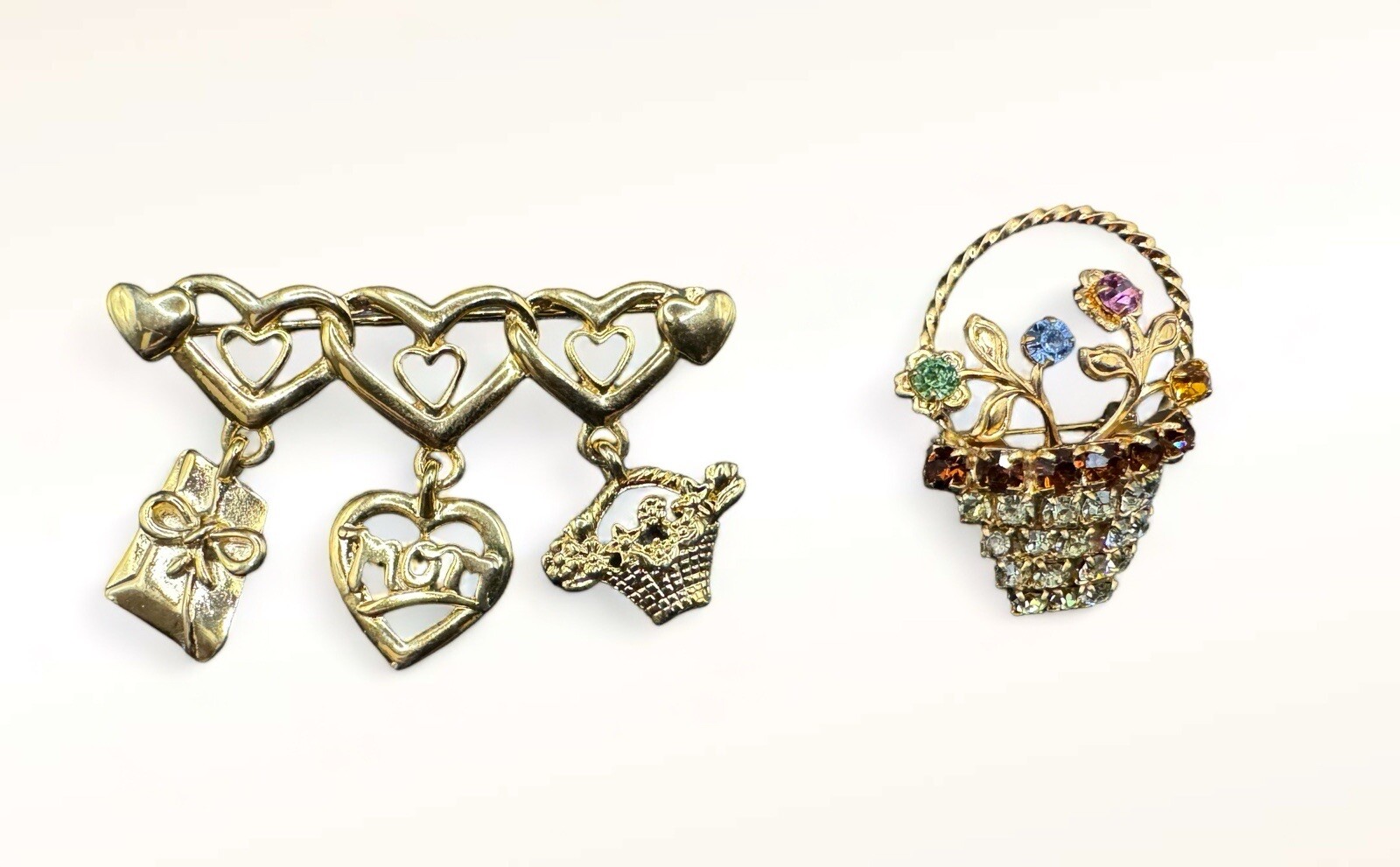 Vintage Mother’s Gold-Tone And Rhinestone Hearts And Flowers Brooches