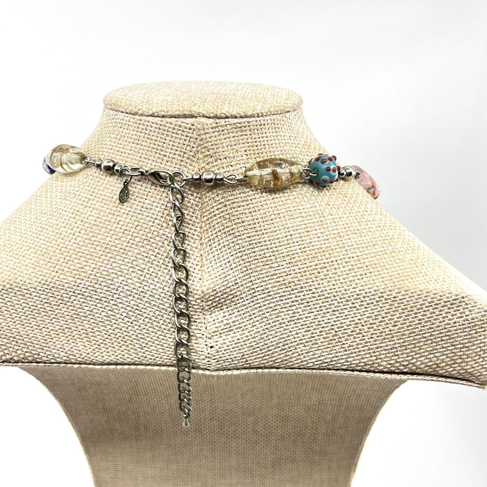 Vintage Boho Art Glass Bead Station Necklace Multi-Color Eclectic Retro Style