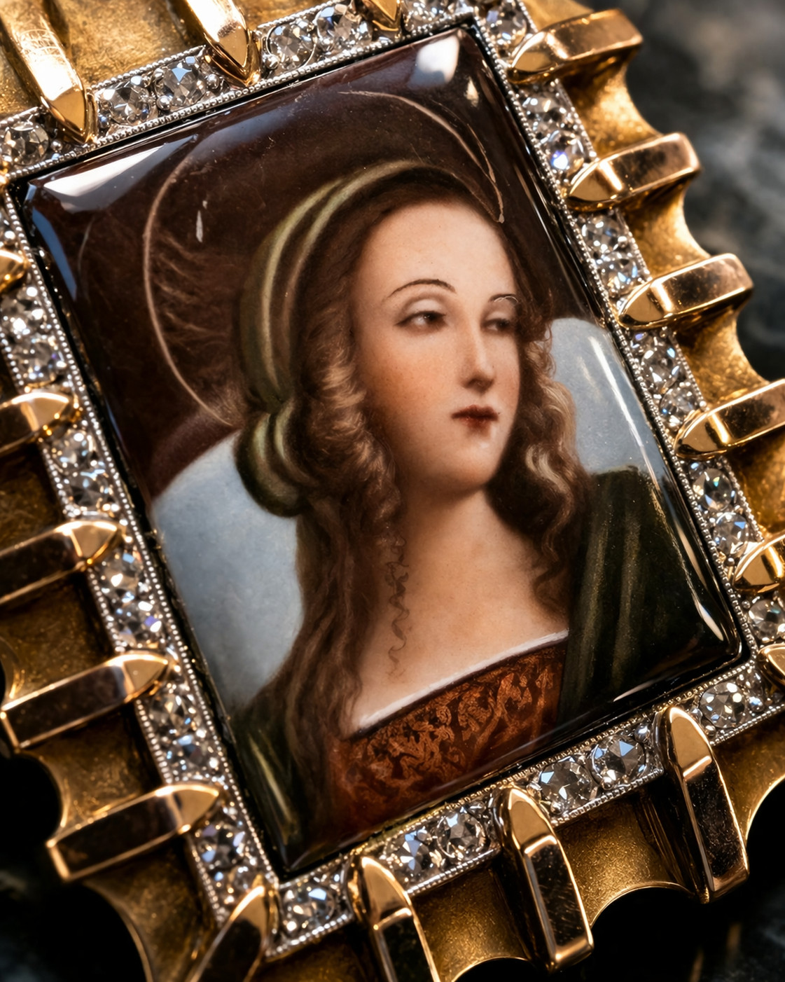 Antique sXIX 18K Gold Diamond Virgin Medallion Pendant Virgin Mary Very Rare SET
