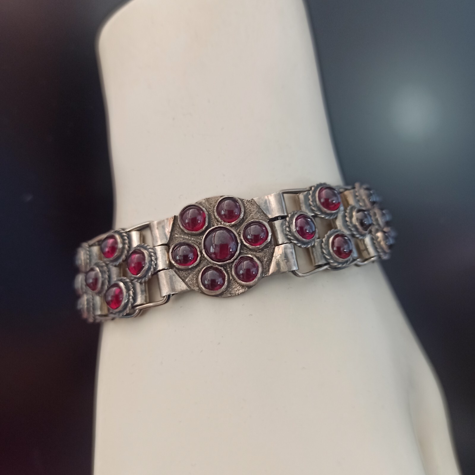 Vintage Garnet Bracelet 925 Silver Wide Statement Artisan GI OOAK Ethnic Boho