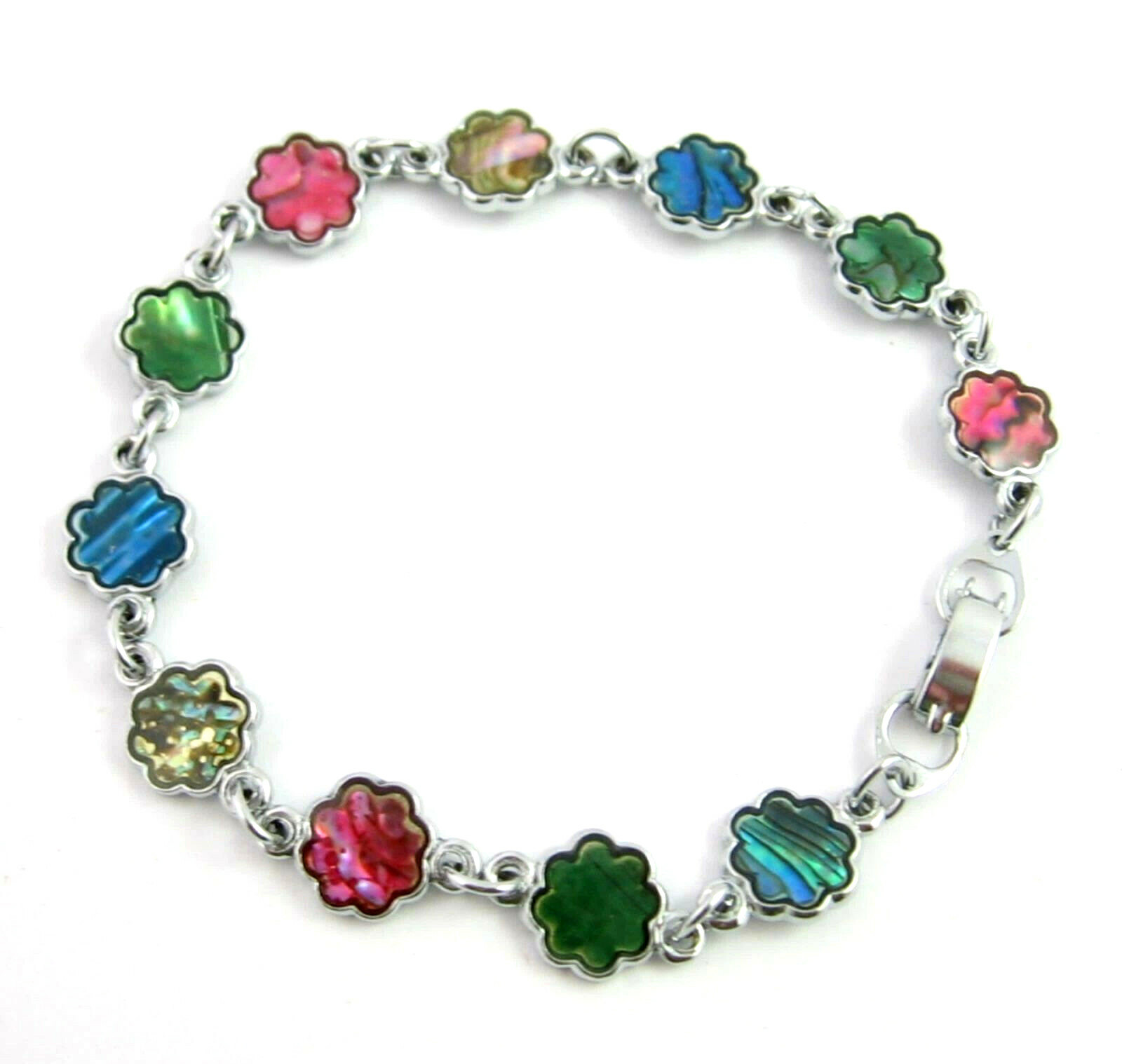 PAUA SHELL BRACELET Vintage Abalone Flower Blooms Pink Blue Silvertone 7.25″