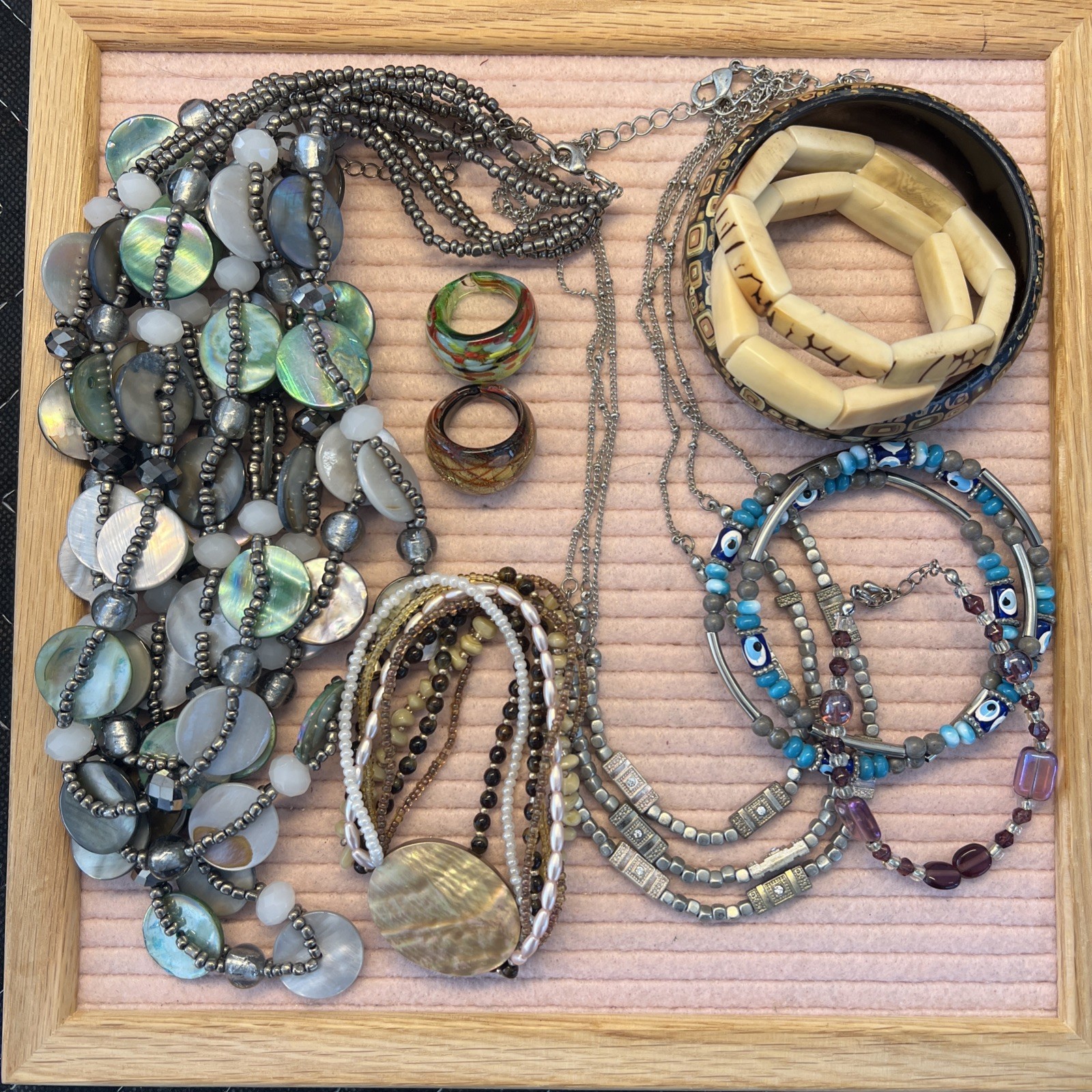 BOHO Vintage Jewelry Lot. Real Shell, Bone And Wood Bracelets, Glass Rings #V37