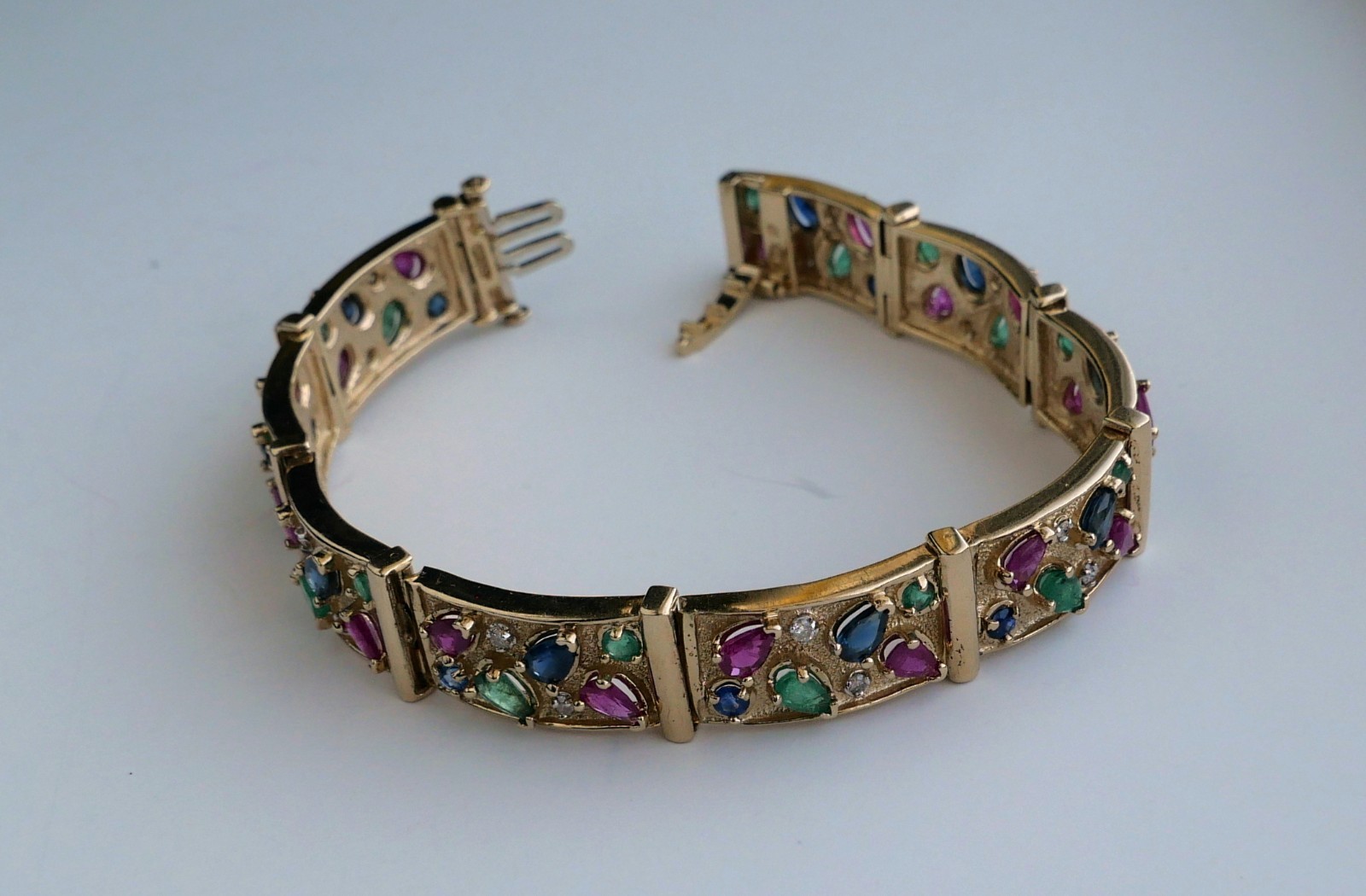 Vintage 14K Yellow Gold Ruby Emerald Sapphire Diamond Link Bracelet 7.25”