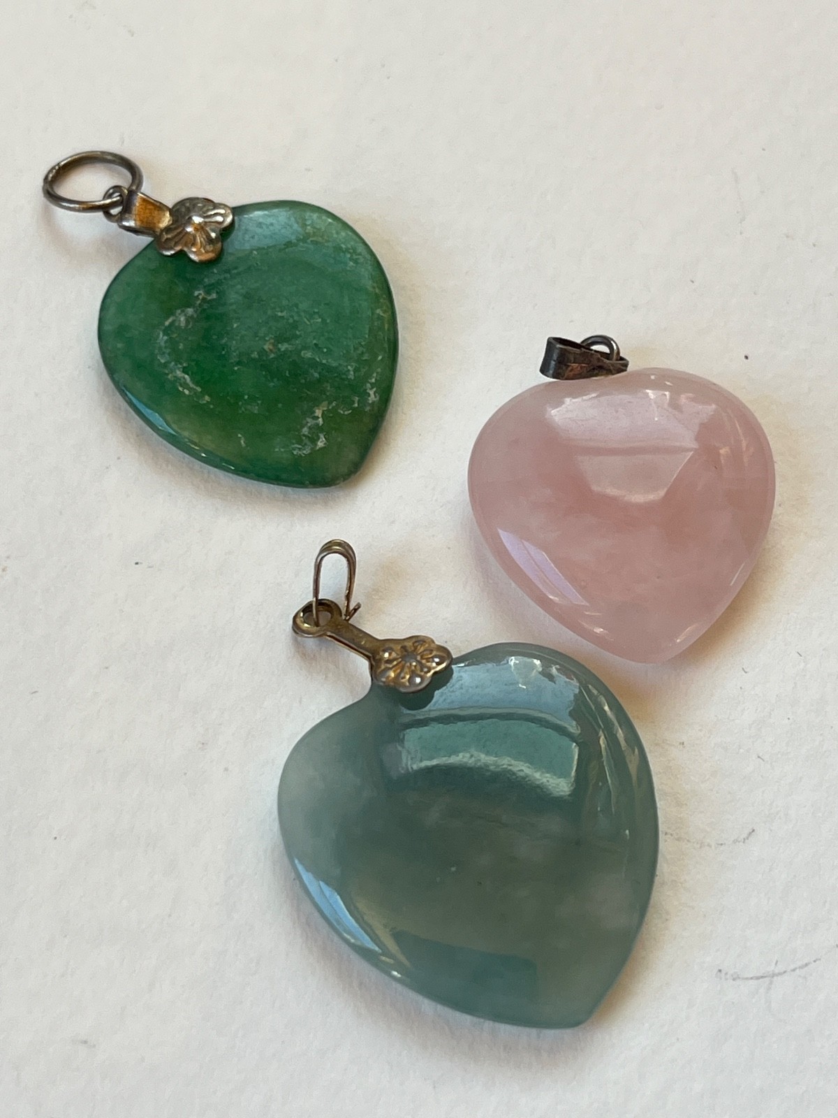 Lot of 3 Carved Green Stone or Pink Rose Quarts Heart Shaped Pendants or Charms