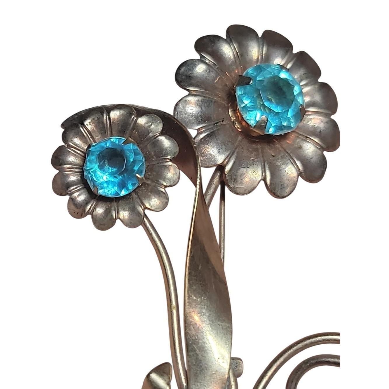 Vintage Vermeil Sterling Floral Brooch Aqua Blue Rhinestone Bouquet Pin 3.25″