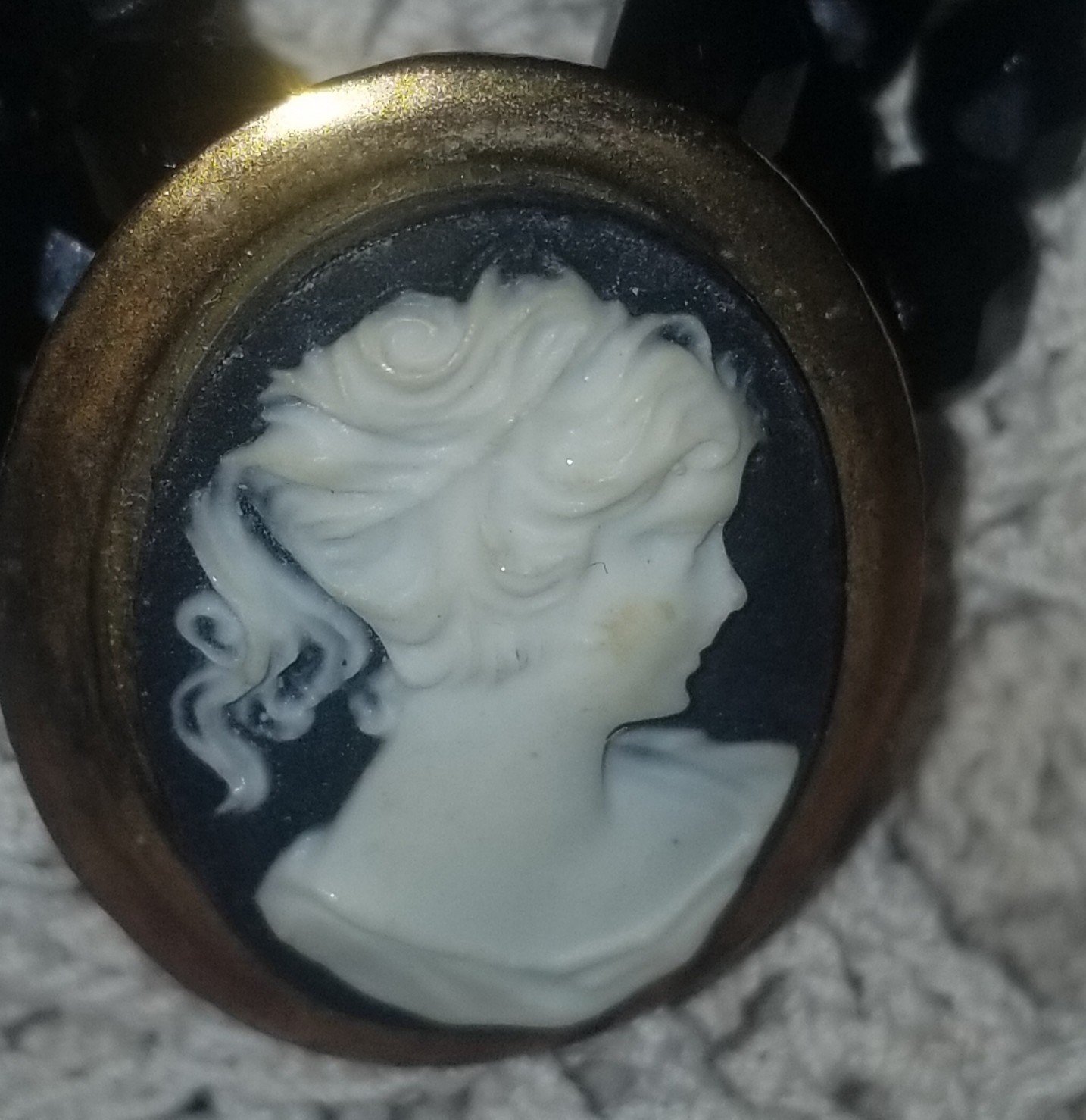 Cameo Necklace, Antique Jet Black Glass,3 Strand Choker, 16 1/2 inch, Gold Tone