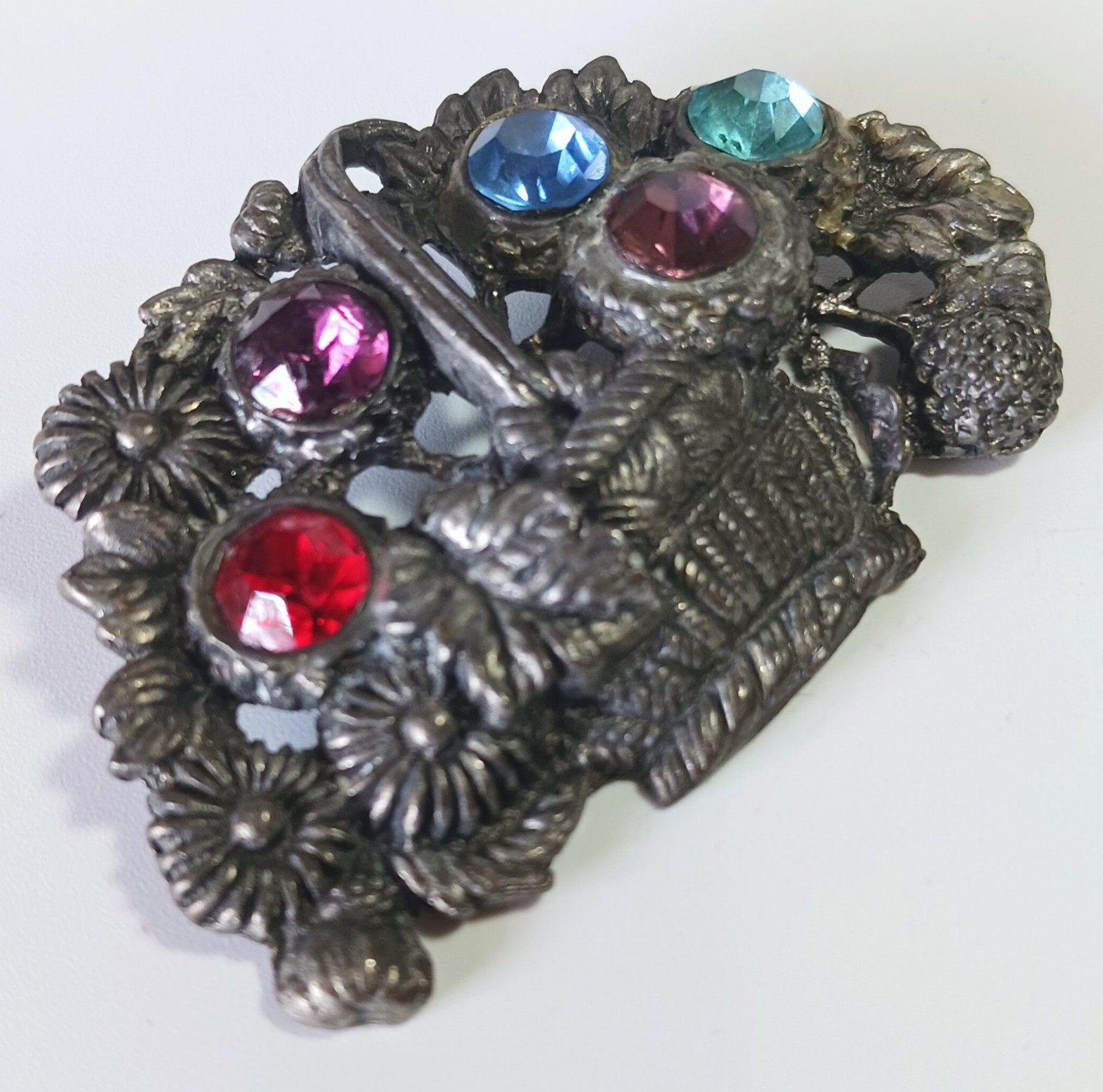 Vintage Dark Silver Flower Basket Brooch w Large Red, Purple, Blue Glass? Stones