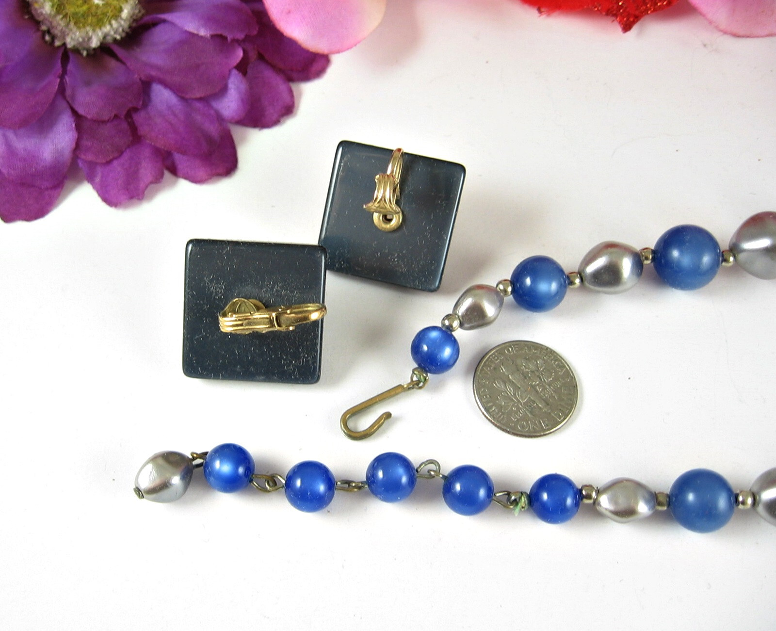 Vintage BLUE & SILVERtone Beads Thermoset BEADED NECKLACE + EARRINGS Clip On