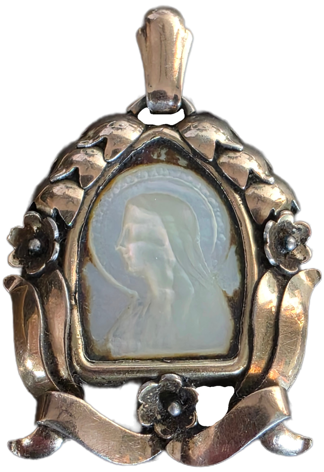 Antique Silver-Gilt Devotional Pendant with Mother-of-Pearl Madonna, c. 1890