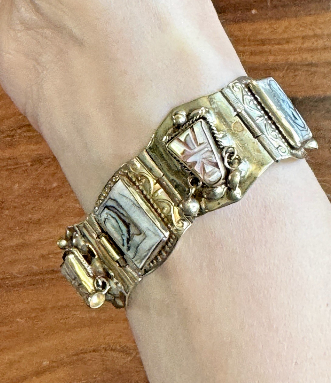 Vintage Mexico JZ Alpaca Silver Abalone Panel Bracelet Tribal Boho 7.25”
