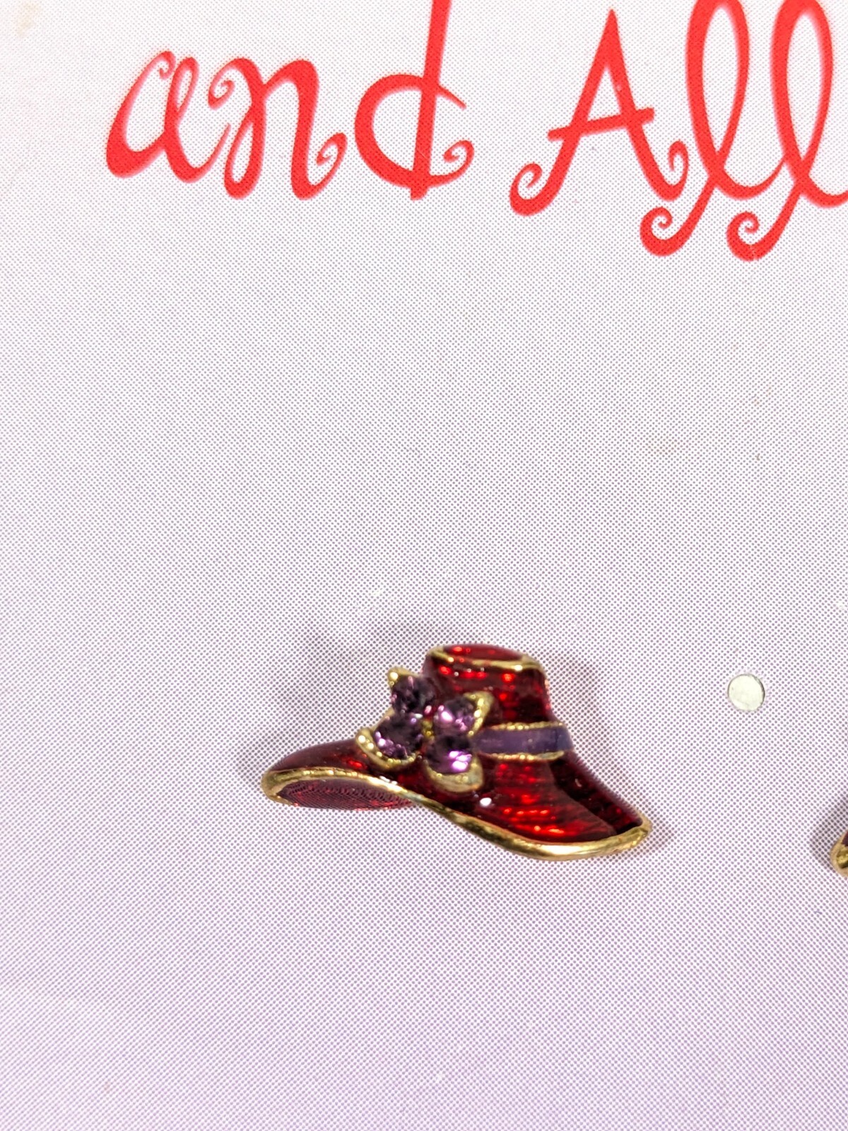 Vintage Ladies Red Hat Purple Rhinestone Enamel Pierced Stud Earrings
