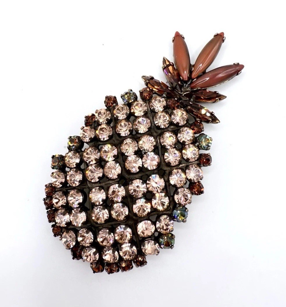 Austrian? Multicolored Topaz & Green Rhinestone Pineapple Brooch Vintage Jewelry