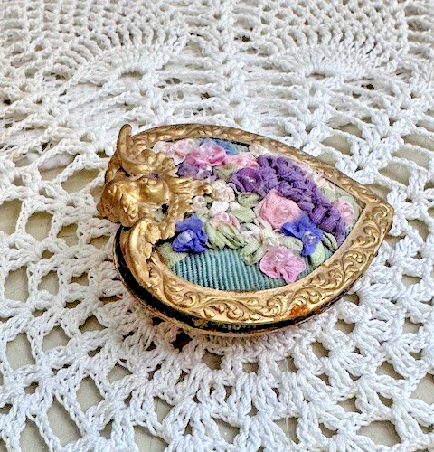 Vintage Hand Made Ribbon Embroidery Floral Heart Pin with Cherub Brooch 2 Inch