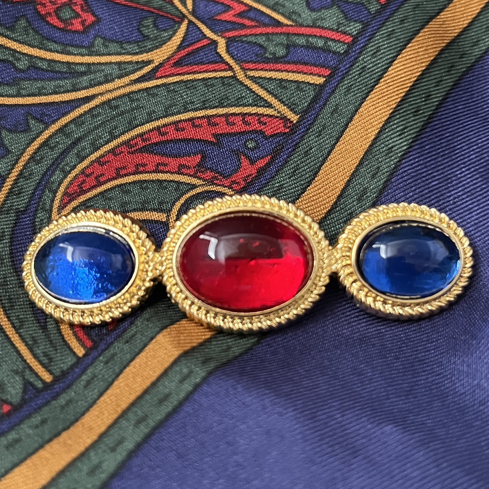 Gripoix Style Glass Cabochon Brooch Bar Pin Gold Tone Red Blue Scarf Pin