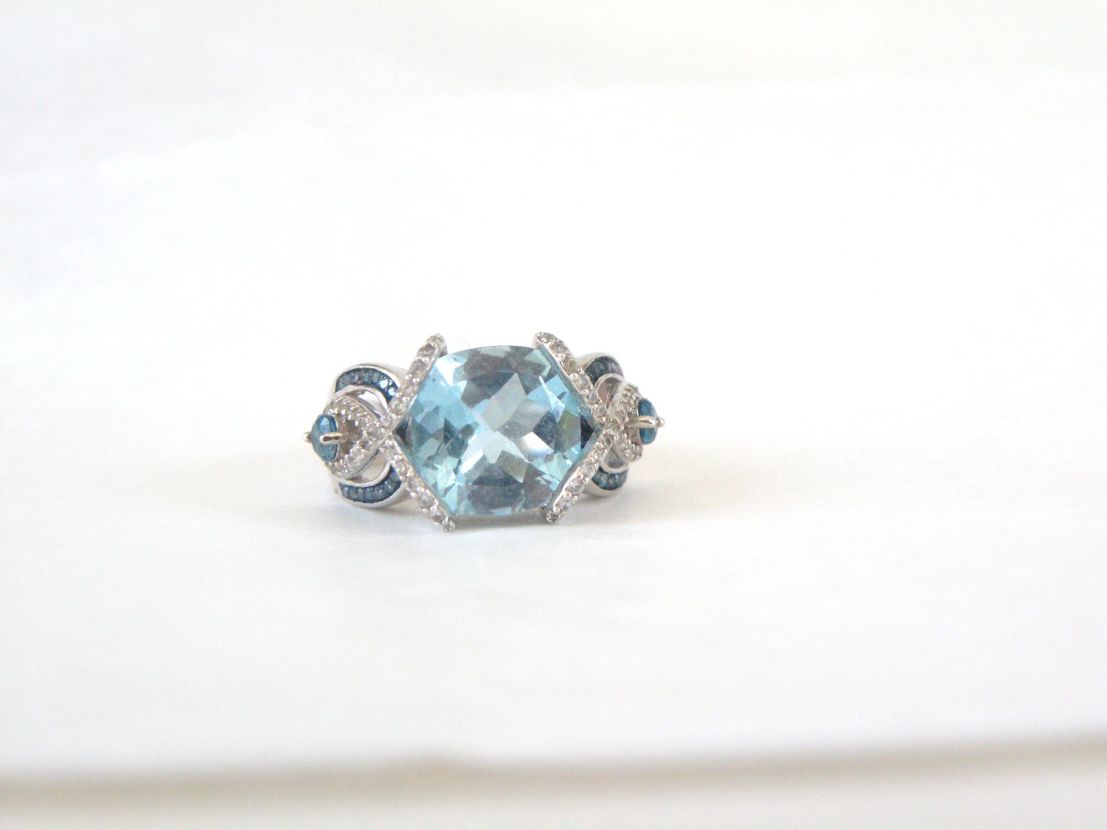 Vintage Style Sterling Silver 925 Natural Heated Blue Topaz Diamond Ring Size 6