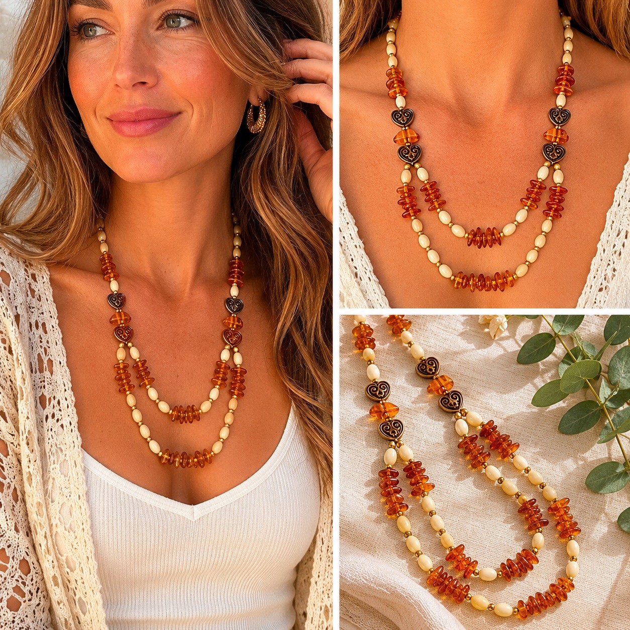 Vintage Lee Sands Double Strand Amber Bead Necklace Heart Spacer Boho Coastal