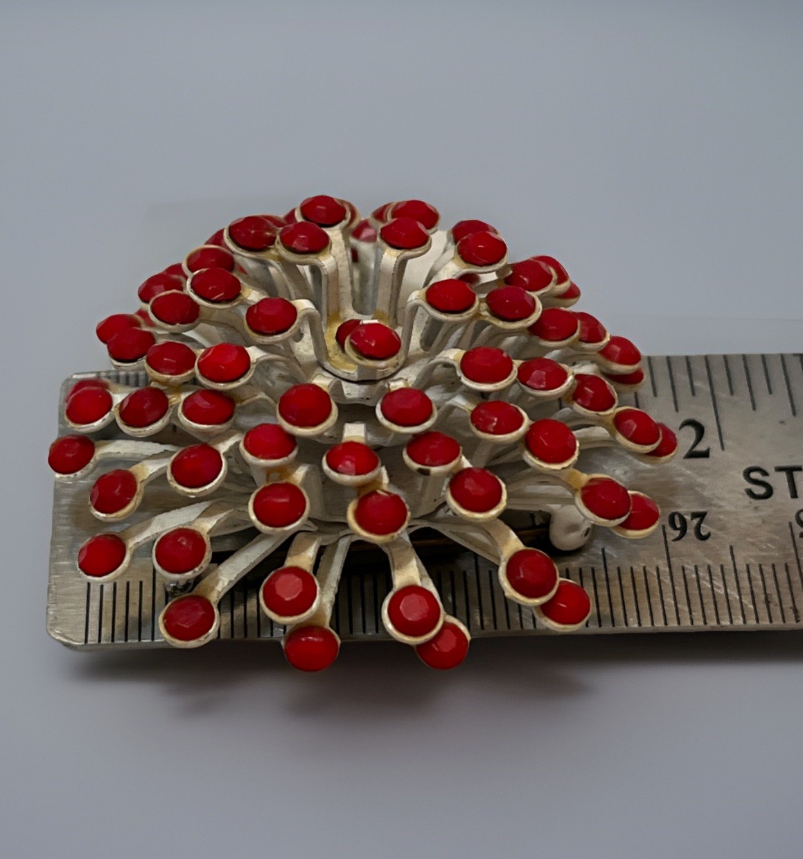 Vintage 3D Pinwheel Swirl Brooch Layered Pin Enameled White Metal With Red Beads