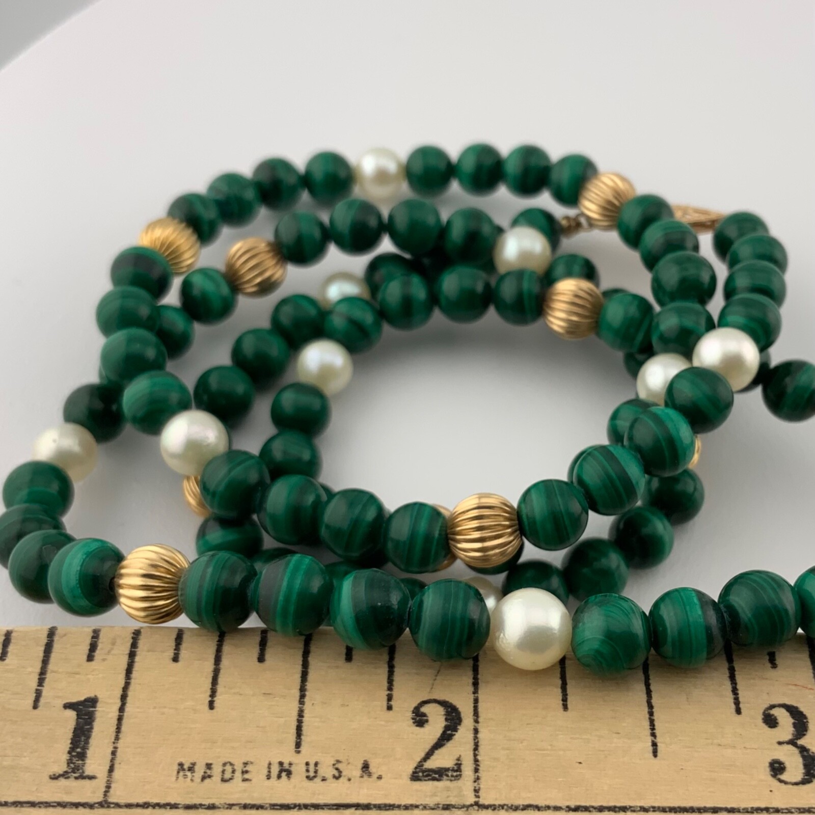 Vtg Malachite Pearl 14kt Fluted Gold Bead Necklace Green 24 Inch Fish Hook Clasp