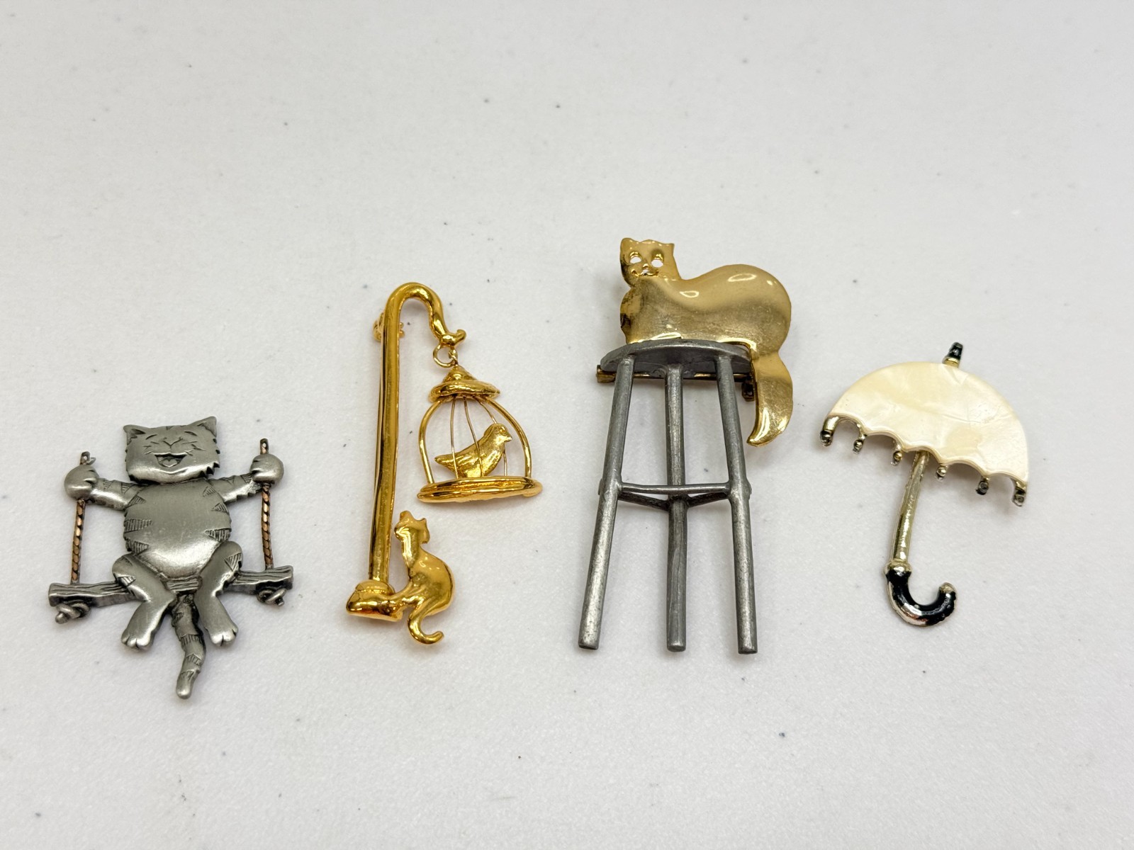 Vintage Brooch Lot Cat Theme Whimsical Gold, Silver Tone One w FlAW, JJs, READ
