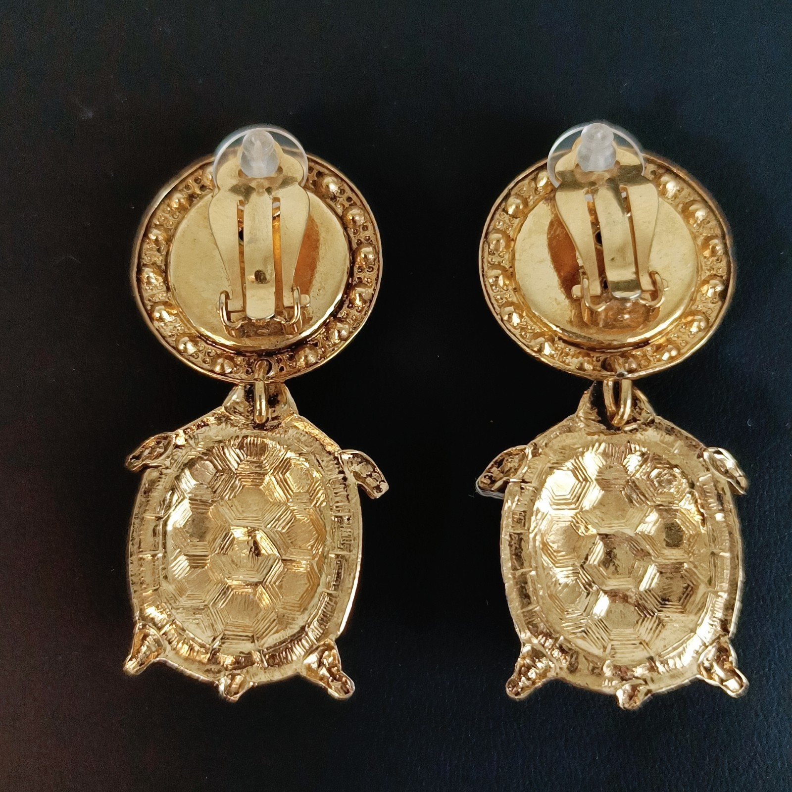 Vintage Zoe Coste Turtle Earrings France Blue Glass Rhinestone Gold Tone