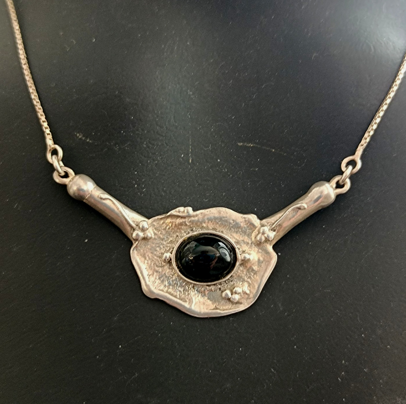 Modernist Silver Onyx Necklace Artisan Freeform Bib Brutalist Israel Art Vintage
