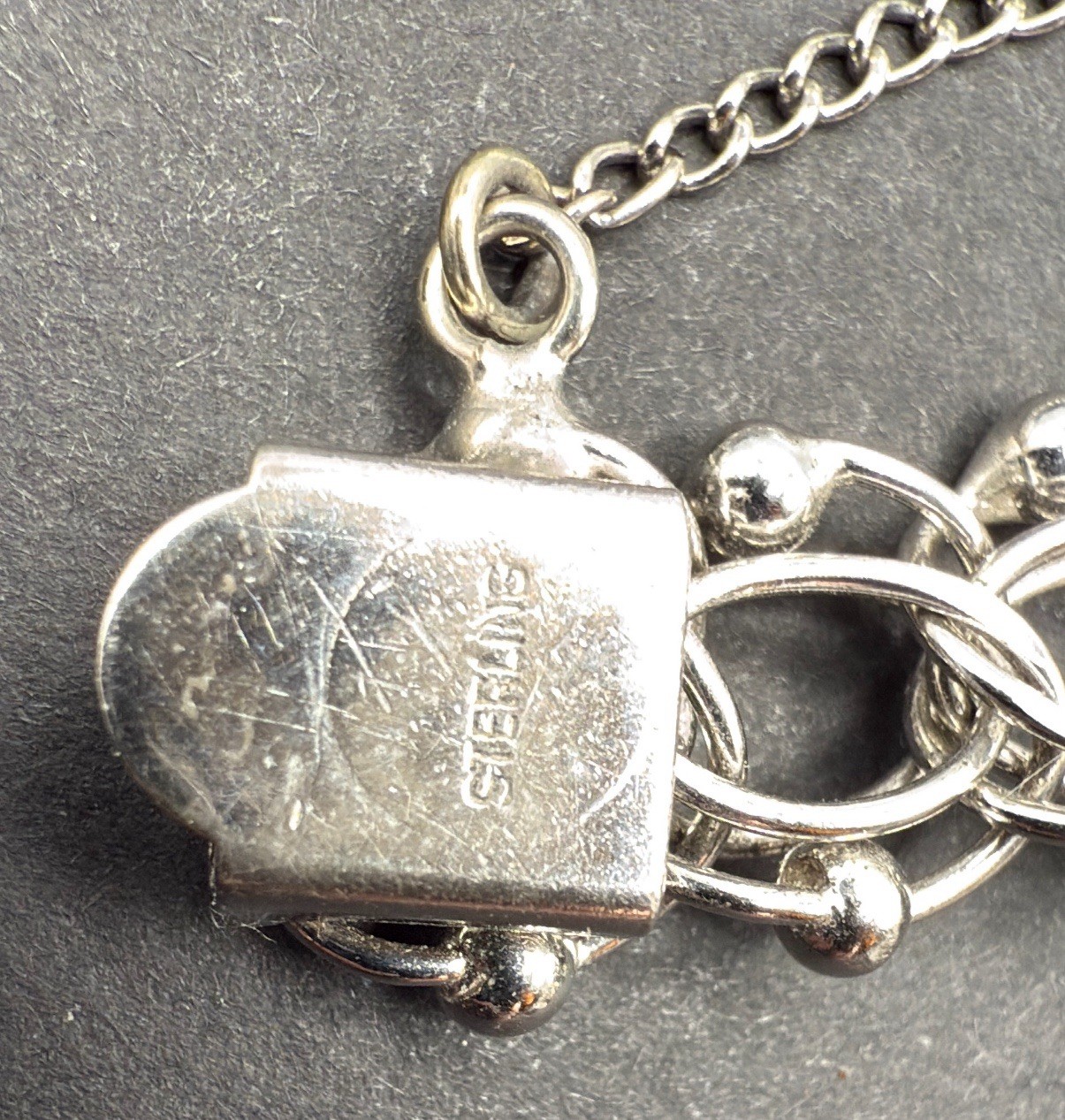 VINTAGE STERLING SILVER CHARM BRACELET Champagne Hat Barrel Grad 32 G 7” J13