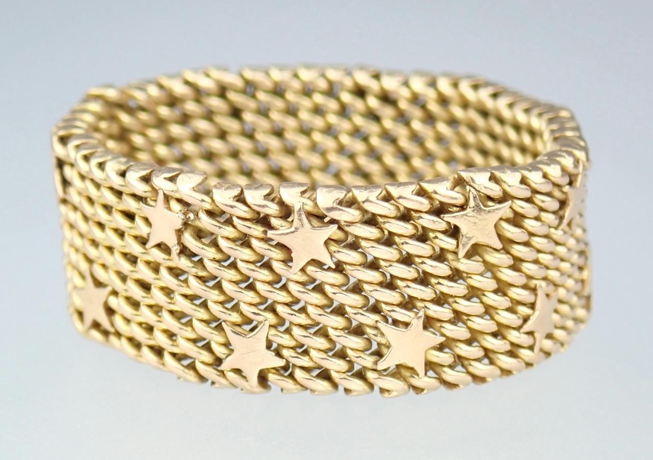 Fine Vintage Italian Solid 18K Gold Floating Stars Celestial Woven Mesh Ring 11