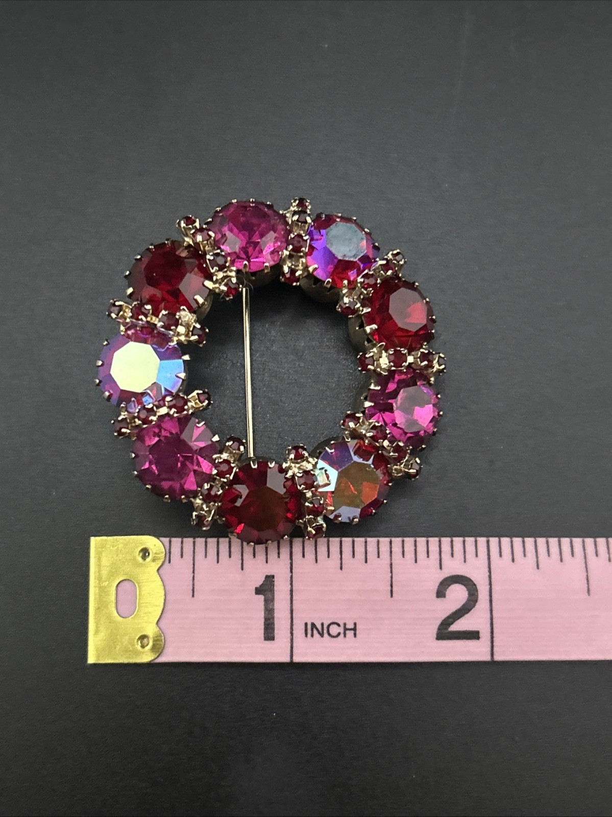 Vintage Karu Arke Inc. Fuchsia Ruby Red Aurora Borealis Rhinestone Brooch Pin