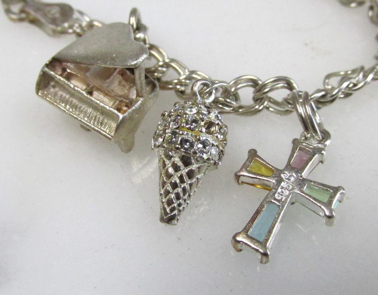 Sterling Silver Double Curb Link Bracelet w/ 8 Charms ~ 6-3/4″ ~ 19g ~ 6-K463