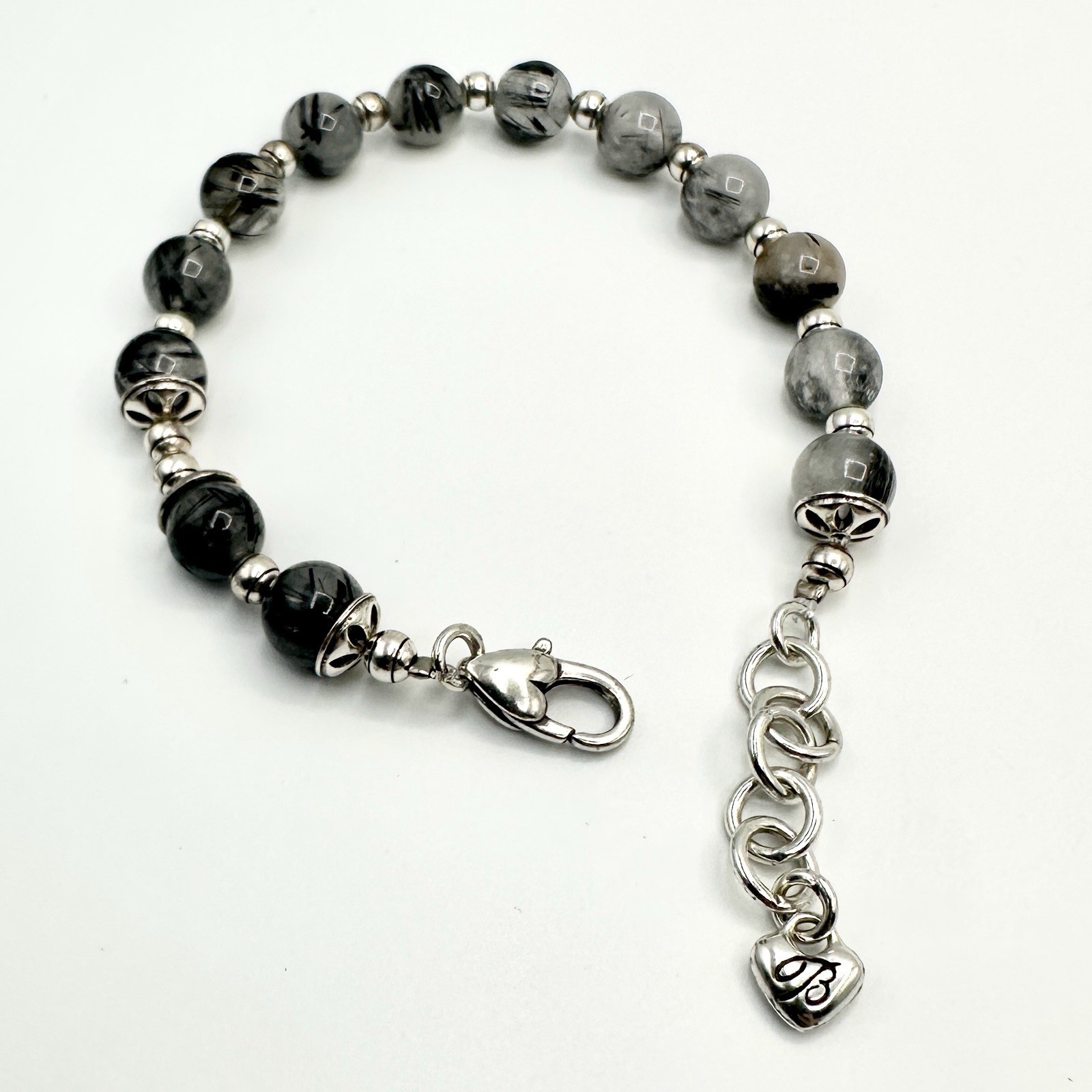 Vintage BRIGHTON Black Rutilated Quartz Beaded Bracelet Gray Marbled Silver Tone
