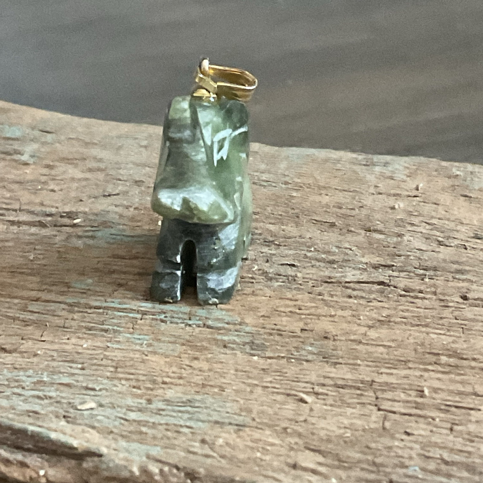 Vintage Hand Carved Genuine Nephrite Jade Elephant Pendant Charm 14k Gold Bail