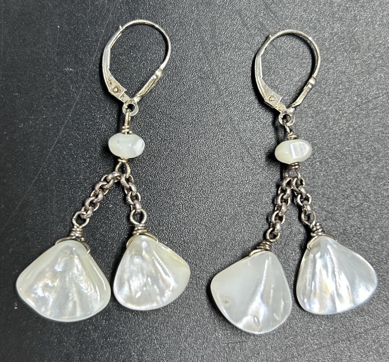 Vtg JRI Sterling Silver 925 Mother Of Pearl Double Strand Dangle Drop Earrings