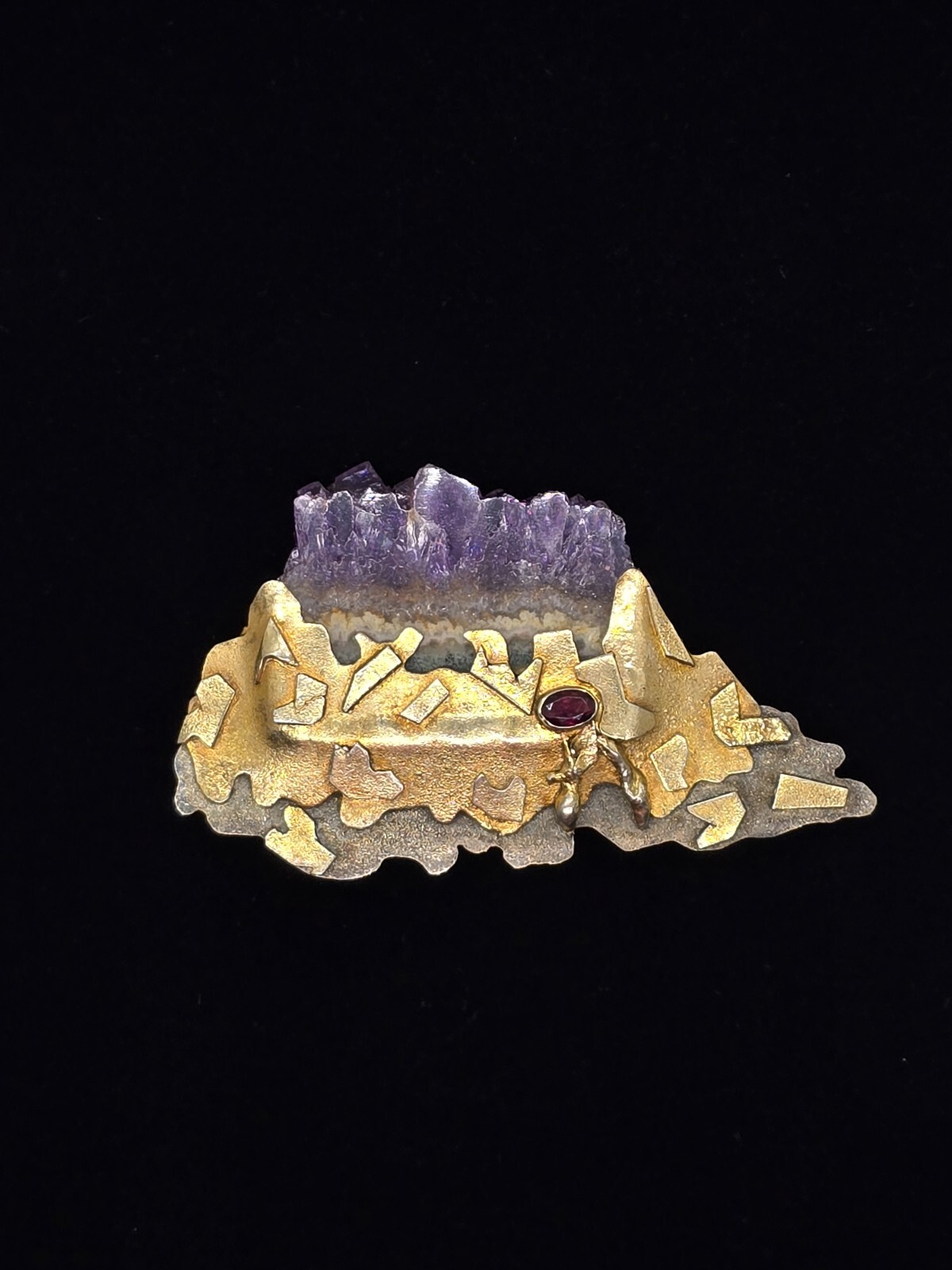 Large Vtg Artisan Sterling Silver Amethyst Geode Gemstone Brooch Pin