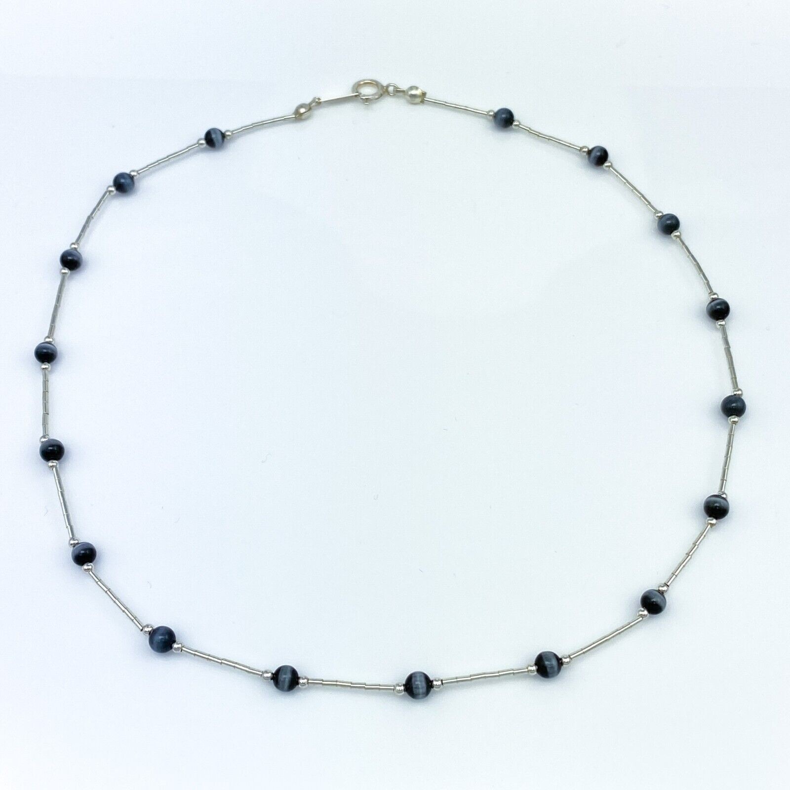 Vintage Sterling Silver 925 Green Simulated Tiger’s Eye Station Necklace 16″
