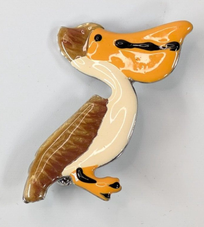 Vintage Cute Enamel Brown & White Pelican Bird Silver Tone Brooch Pin 2″
