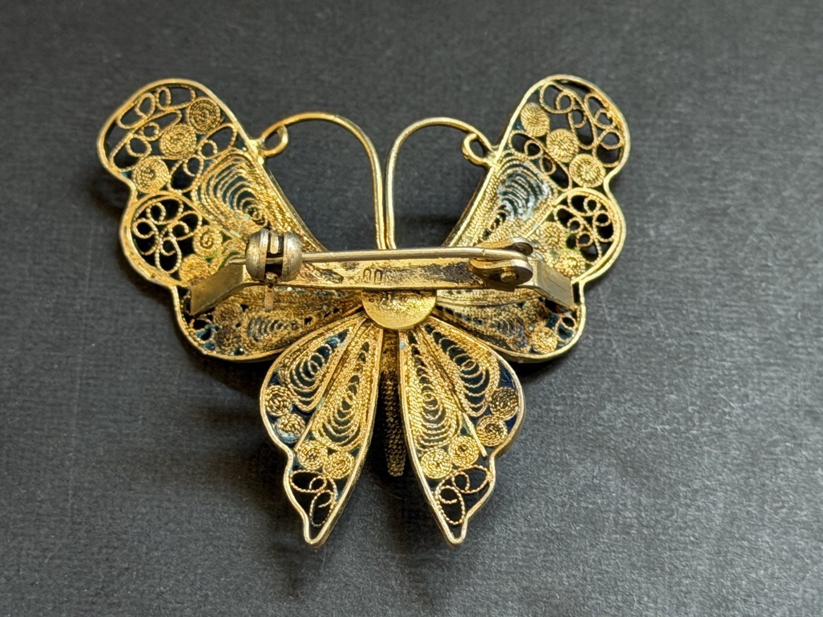 Vintage 800 FIne Silver Gold FInish Multi-Color Enamel Filigree Butterfly Brooch