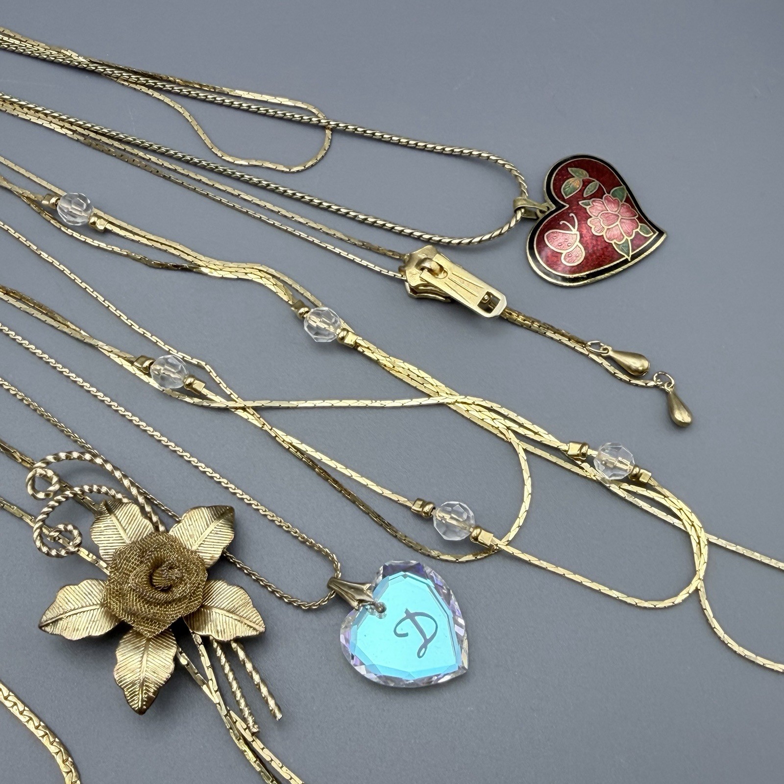 Vintage Necklaces Lot Of 8 Gold Tone Cloisonne Heart Floral Claddagh Zipper