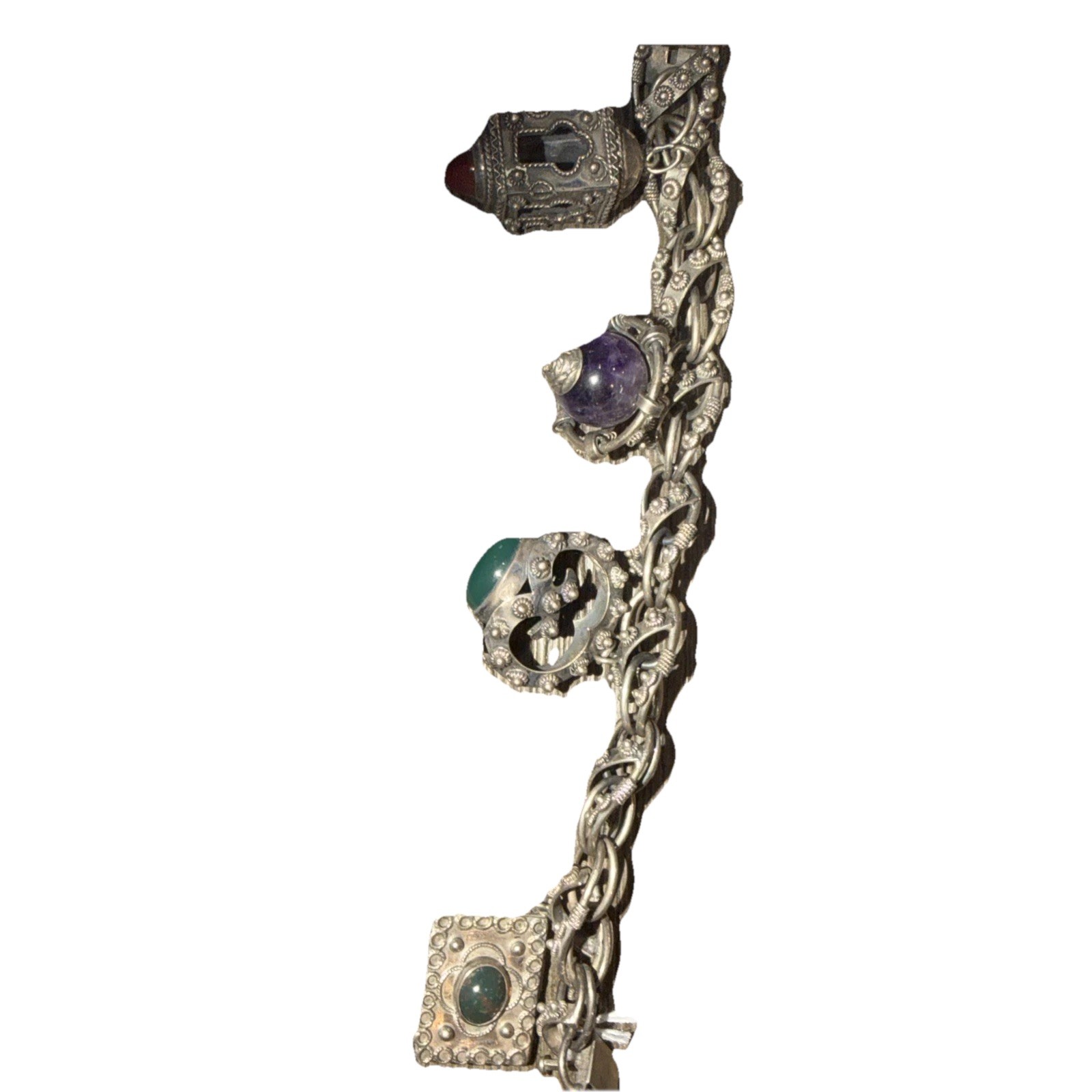 Vintage Etruscan Revival 800 Silver Fob Charm Bracelet Art Glass Stones 8″ Long